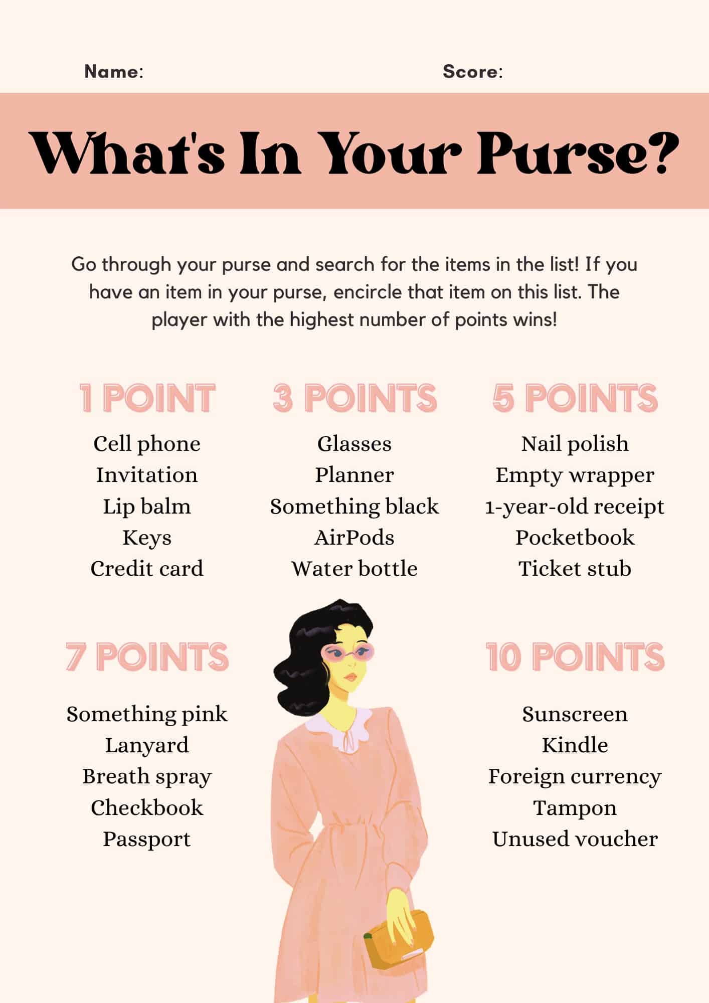 Whats in Your Purse Scavenger Hunt Game Count Points in Your - Etsy | Scavenger  hunt games, Whats in your purse, Printable baby shower games