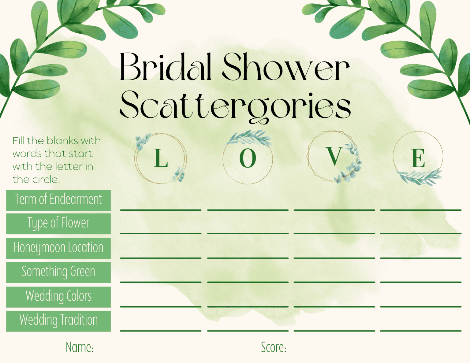 Bridal Shower Scattergories 3 Free Printable PDF Templates 