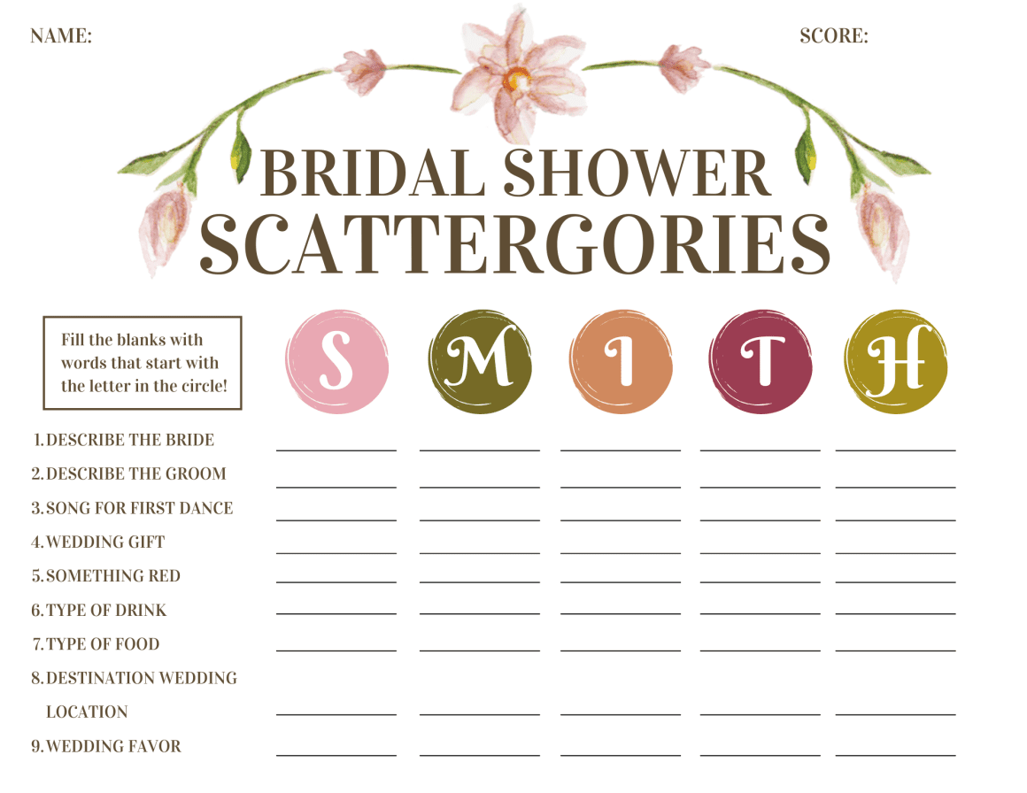 Bridal Shower Scattergories 3 Free Printable PDF Templates 