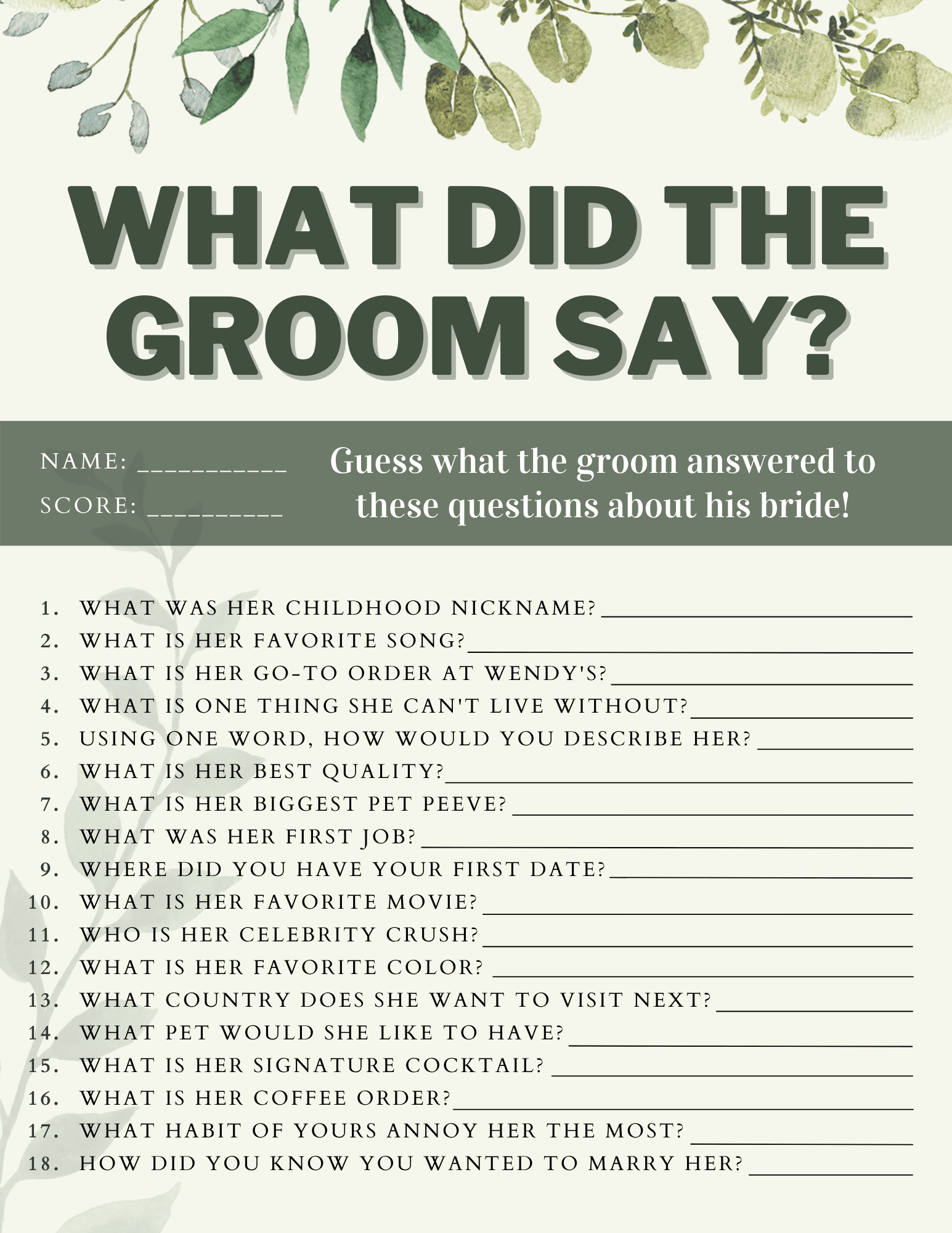 47 What Did the Groom Say Game & Questions (Free Templates)