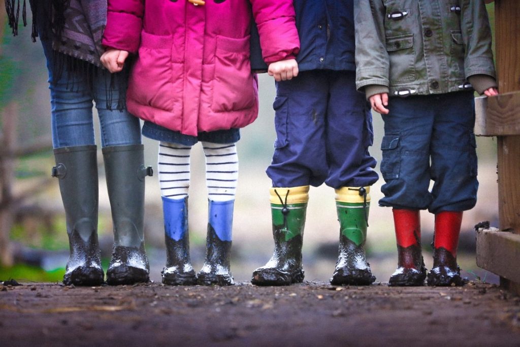 kids wearing raincoats and boots