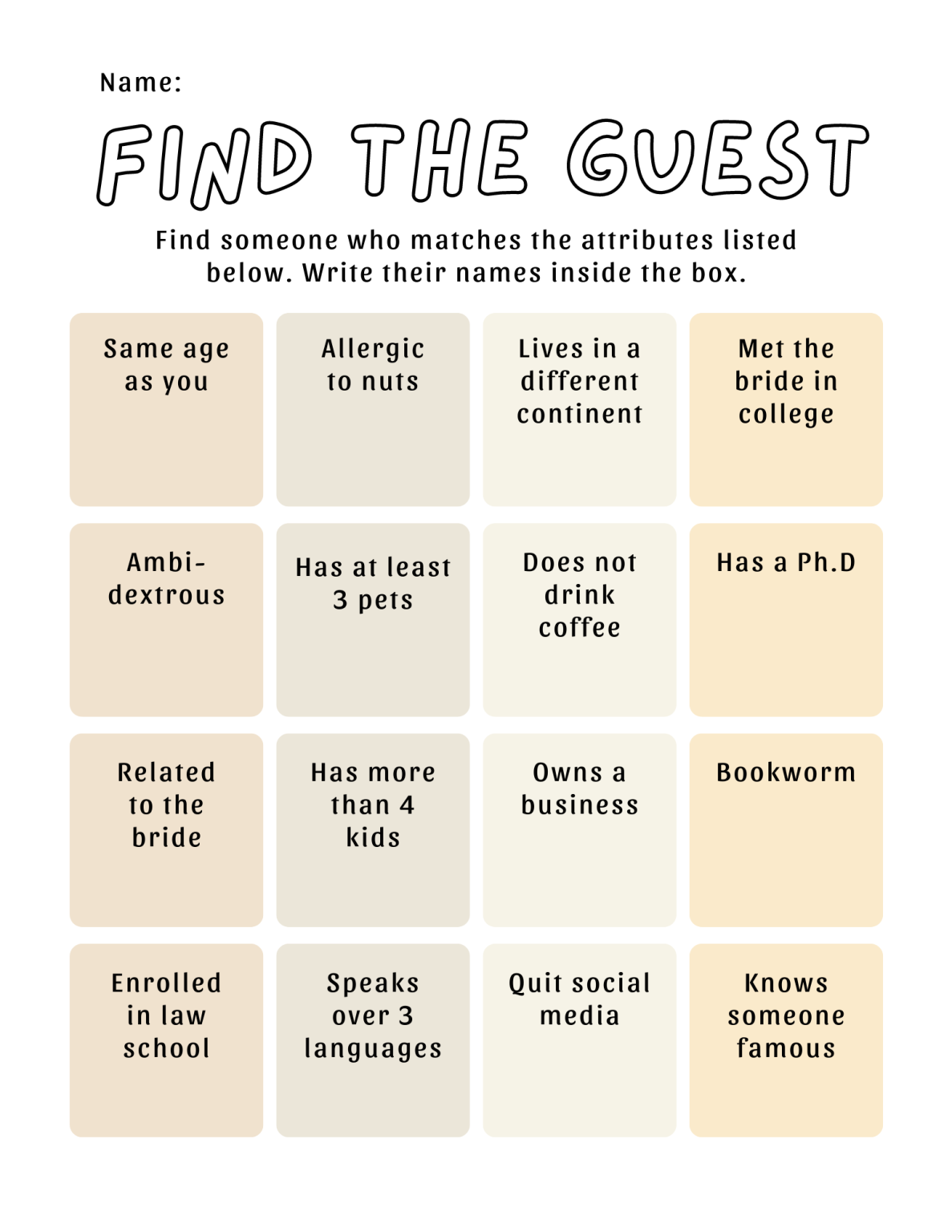 Find The Guest Bridal Shower Game 3 Free Printable Pdfs