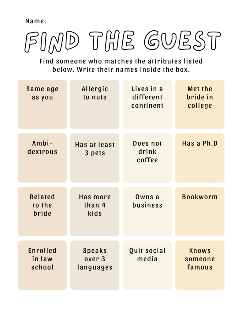 find the guest bridal shower game bingo template