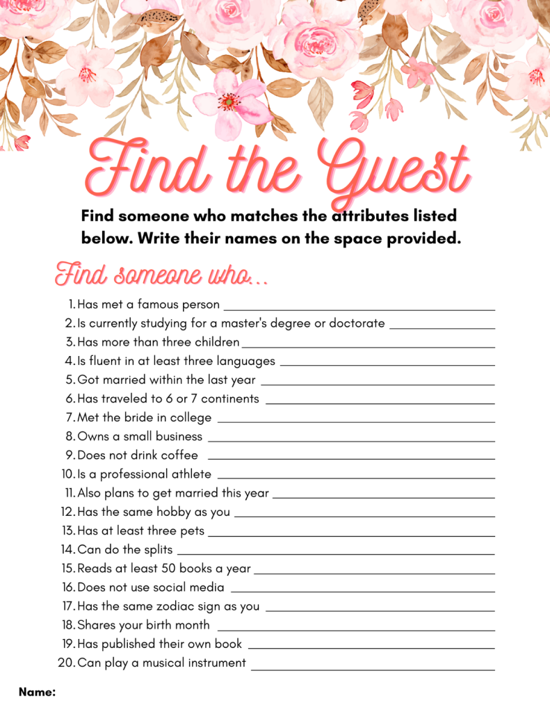 find the guest bridal shower game floral template