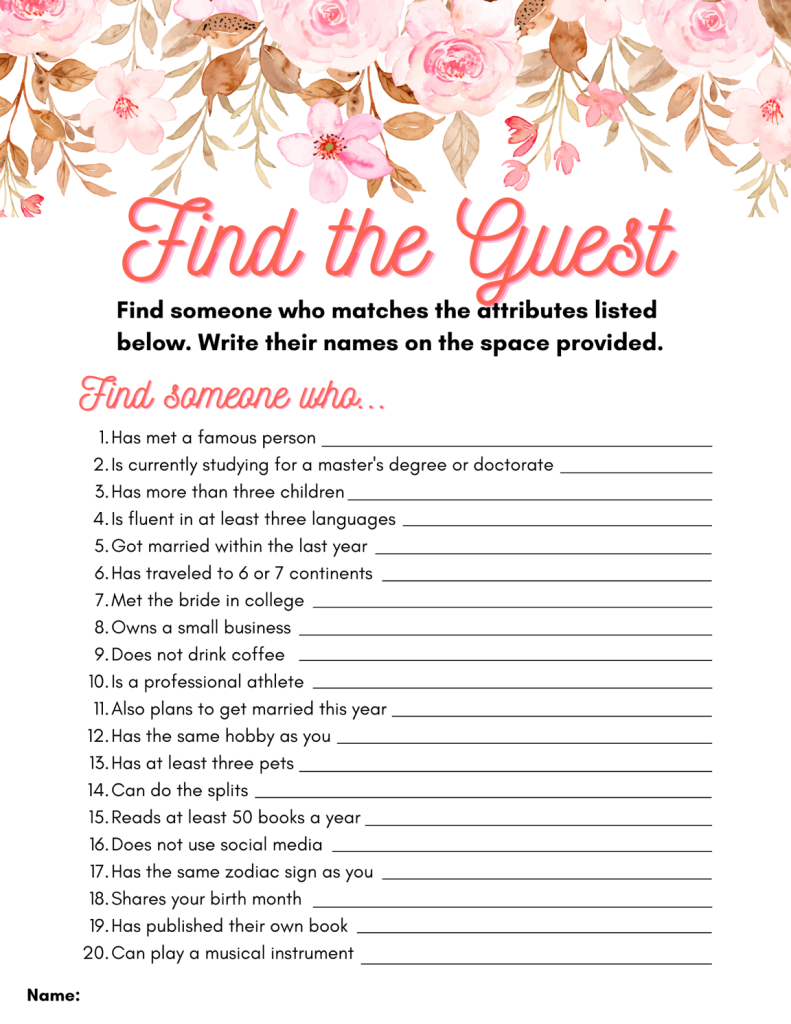 Find The Guest Bridal Shower Game 3 Free Printable Pdfs