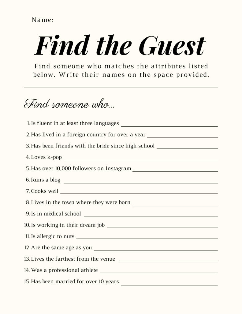 find the guest bridal shower game simple template