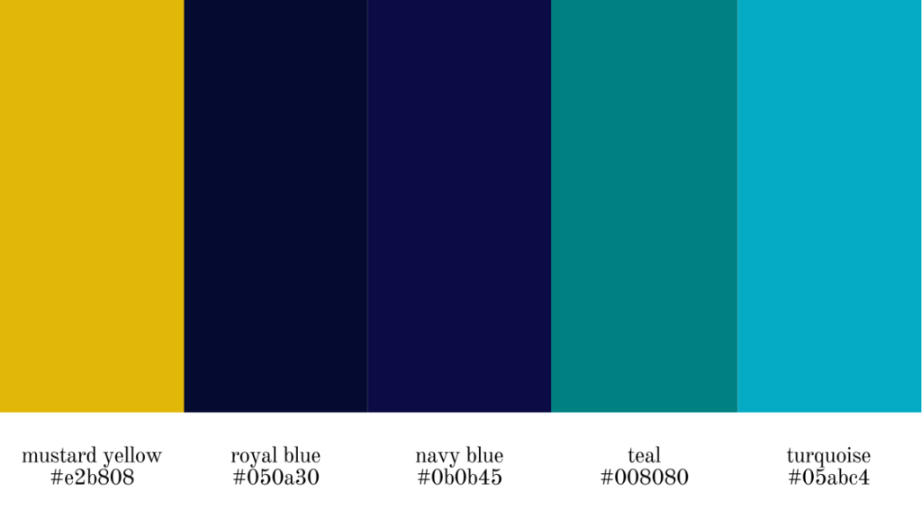 mustard yellow, royal blue, navy blue, teal, and turquoise color codes