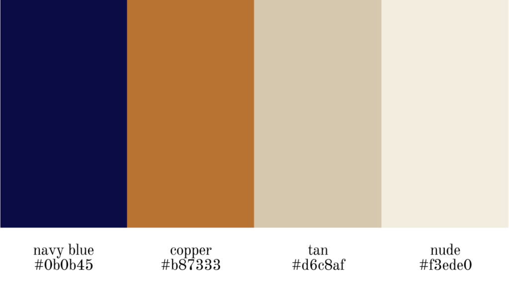navy blue, copper, tan and nude color codes