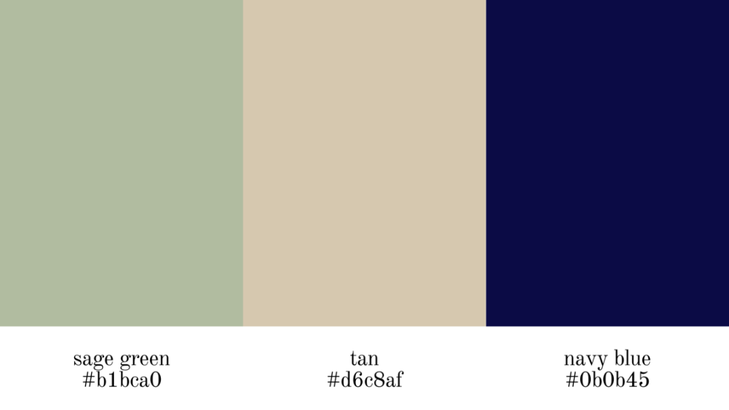 navy blue, sage green, and tan
