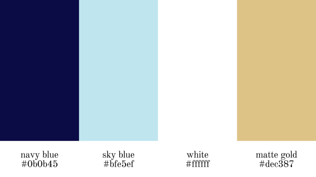 navy blue, sky blue, white, matte gold color codes