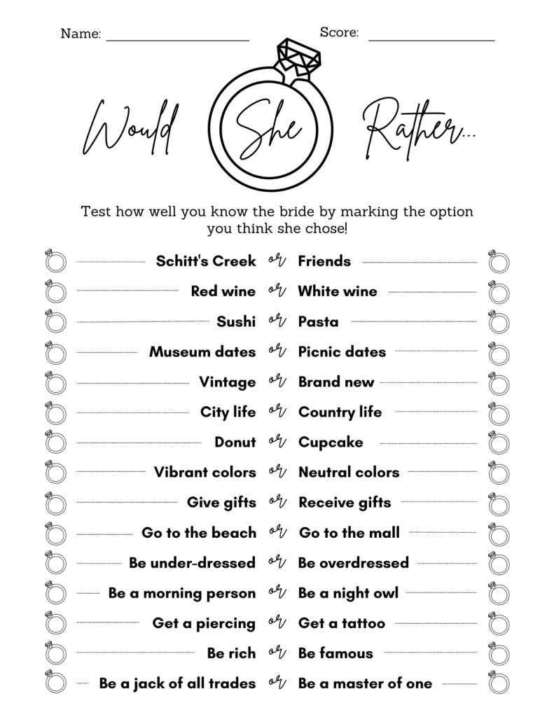 Would She Rather Bridal Shower Game Rules Printable PDF 2022 