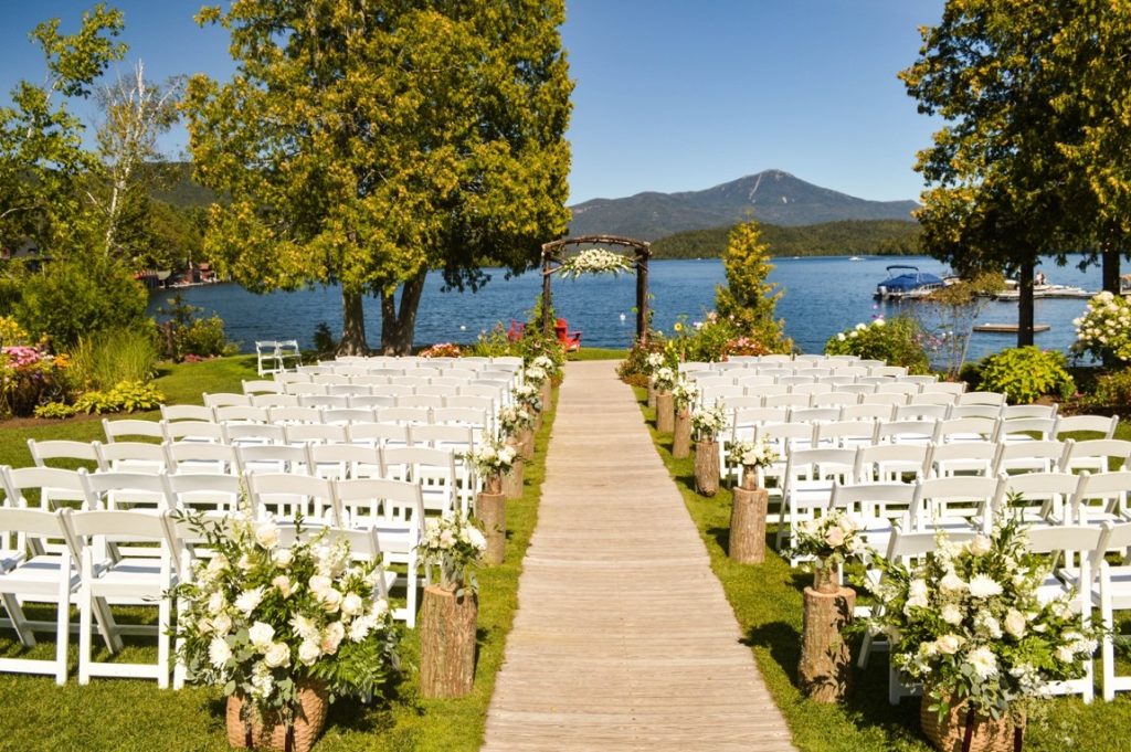 empty wedding venue with white chairs