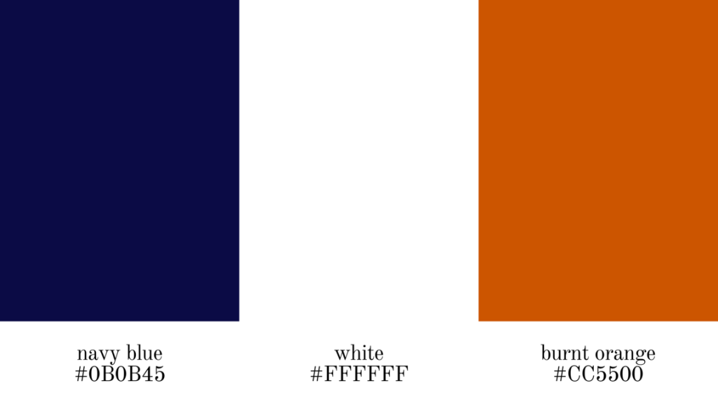 navy blue, white, and burnt orange