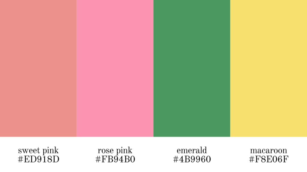 sweet pink, rose pink, emerald, macaroon