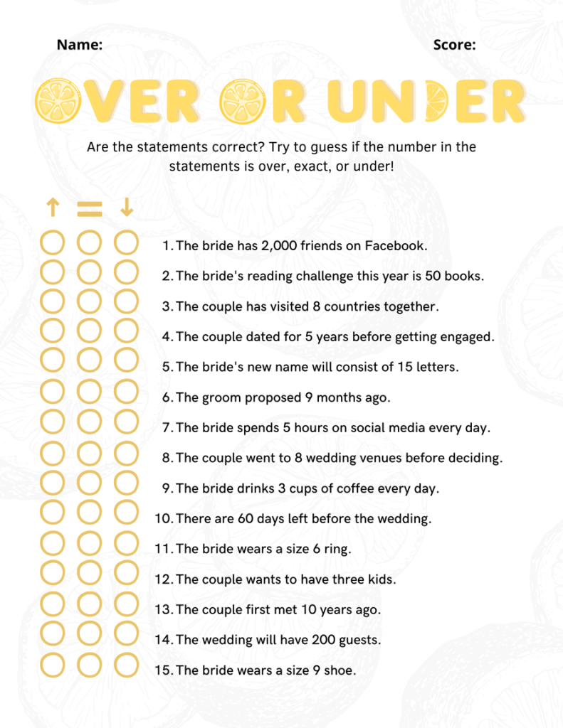 over and under bridal shower game lemon theme