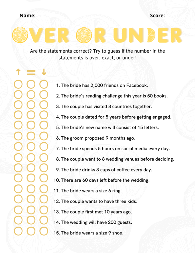 Over Or Under Bridal Shower Game 2 Free PDF Templates 