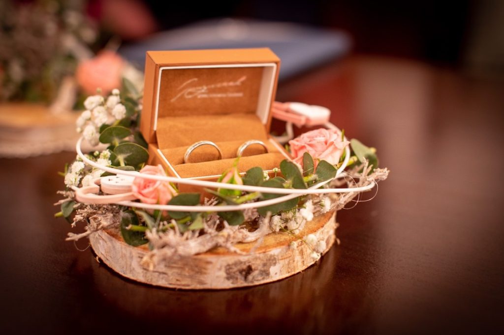 wedding ring on a mini flower basket