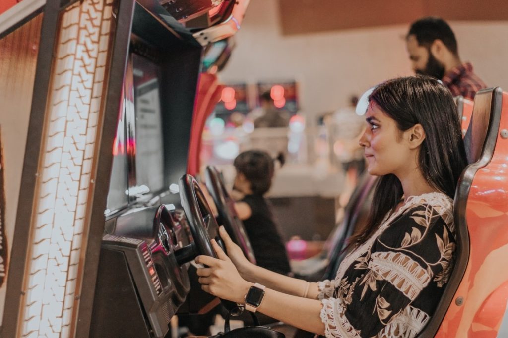 woman playing car race