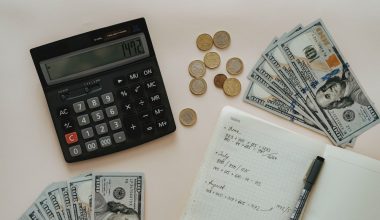 calculator, money, and notebook