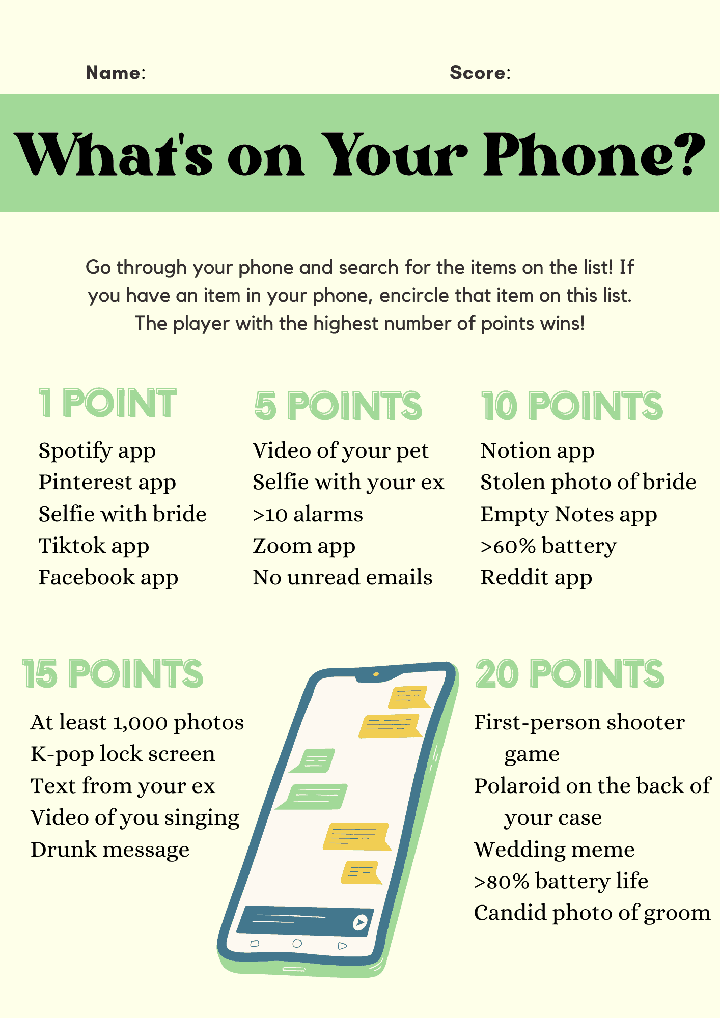 Free Printable What's on Your Phone Bridal Shower Game