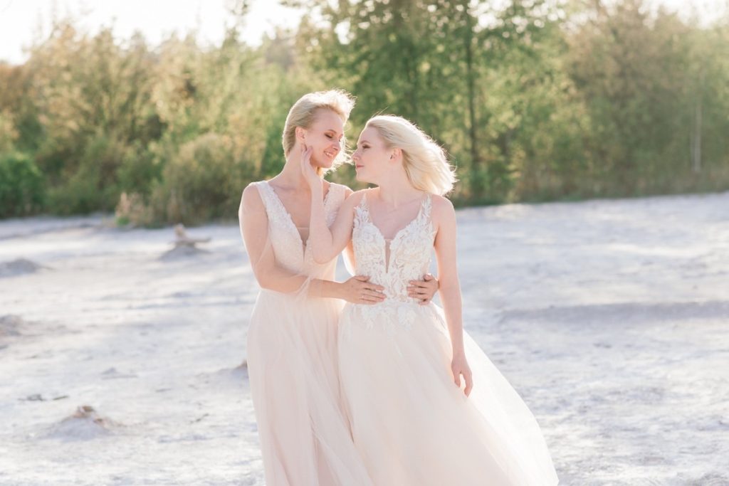 portrait of lesbian couple looking at each other