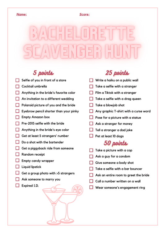 bachelorette scavenger hunt pink