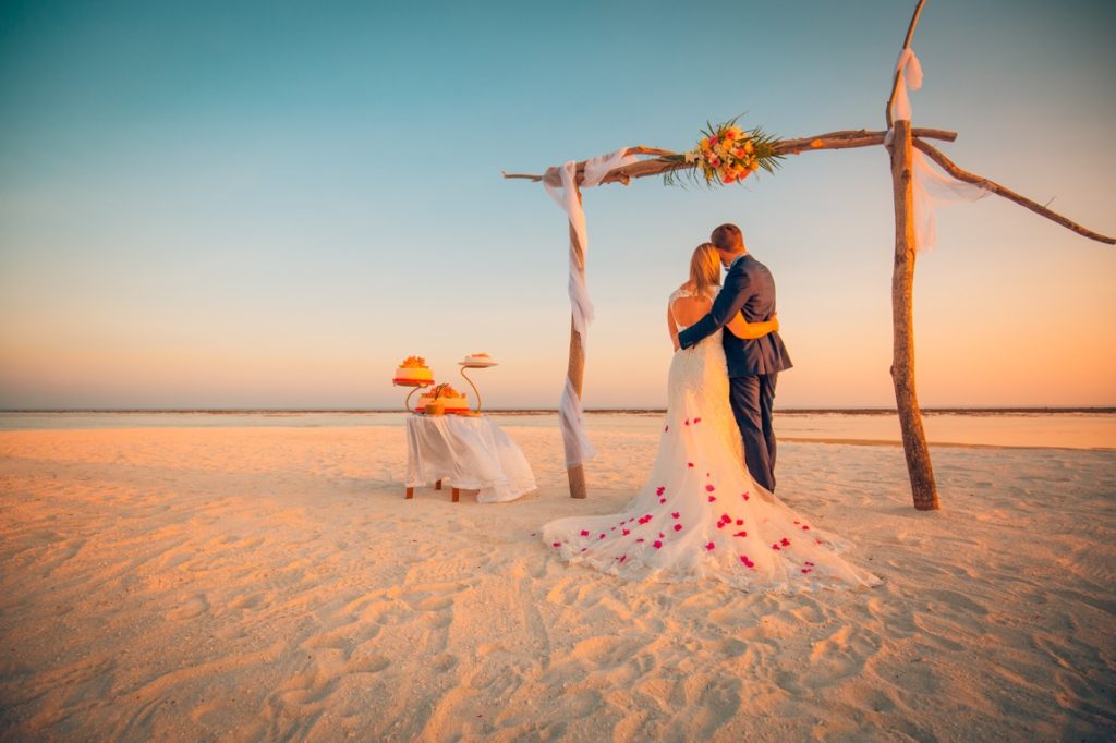 bride and groom looking out the ocean