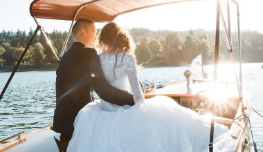 bride and groom on a boat