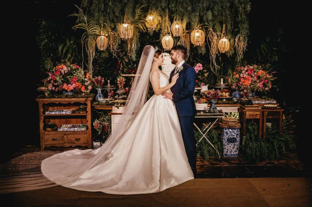 newlyweds in front of foods