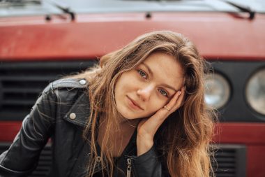 beautiful woman wearing leather jacket
