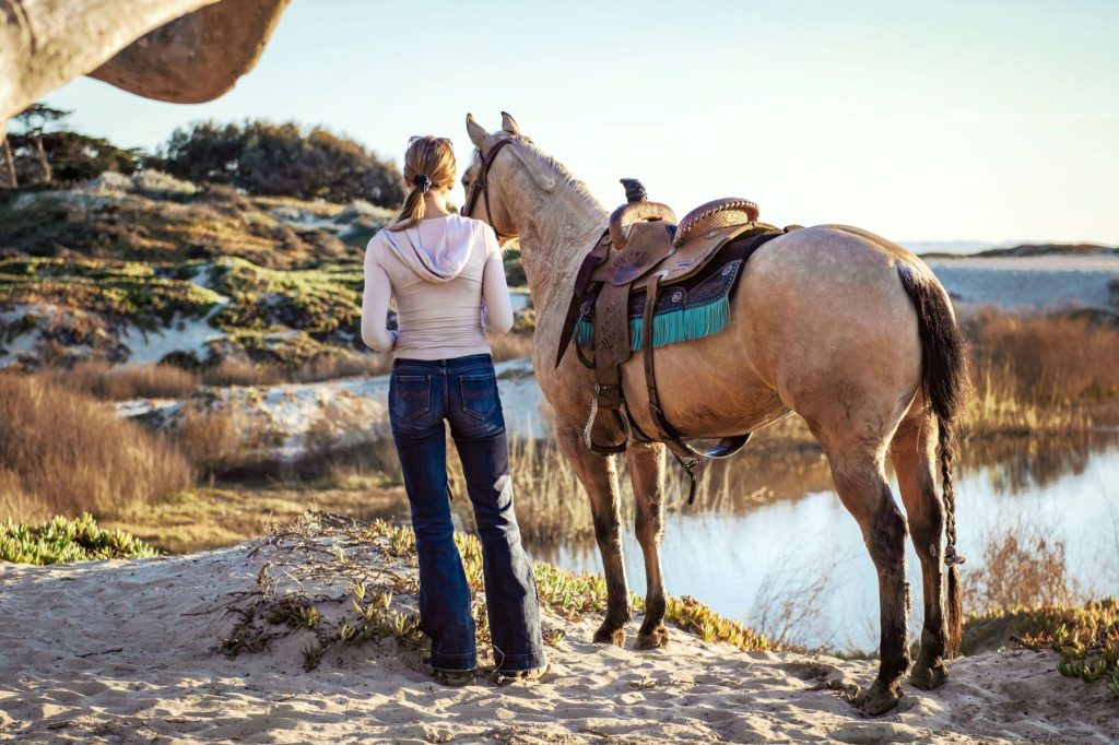 woman standing beside a horse overlooking different landscapes