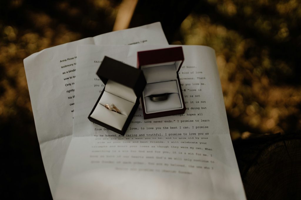 wedding rings on printed wedding vows