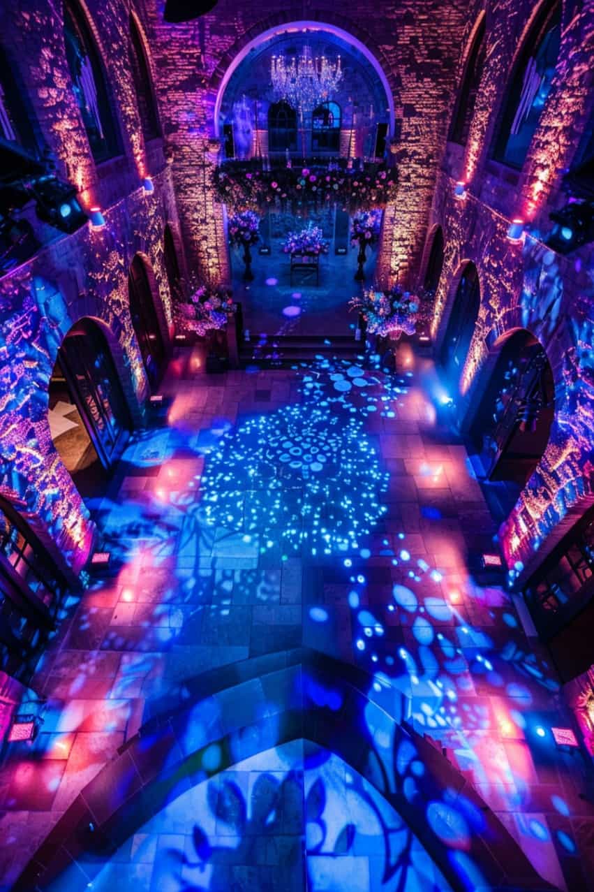 aerial view of blue and purple wedding venue
