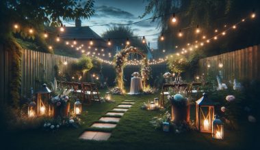 backyard wedding venue with fairy lights and lanterns