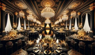 black and gold-themed ballroom wedding venue