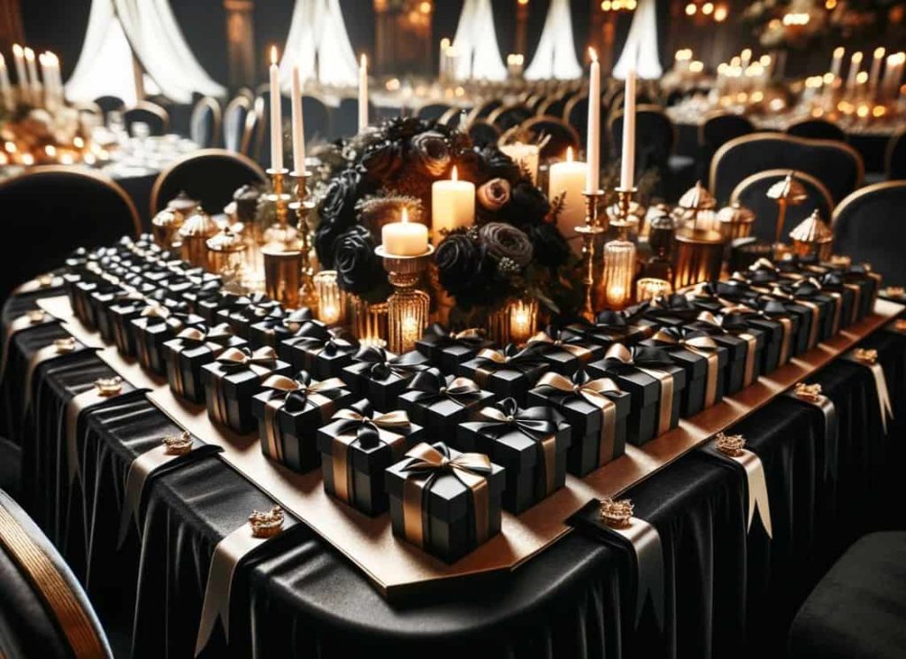 black gift boxes with gold ribbons laid out on a table with black and gold details
