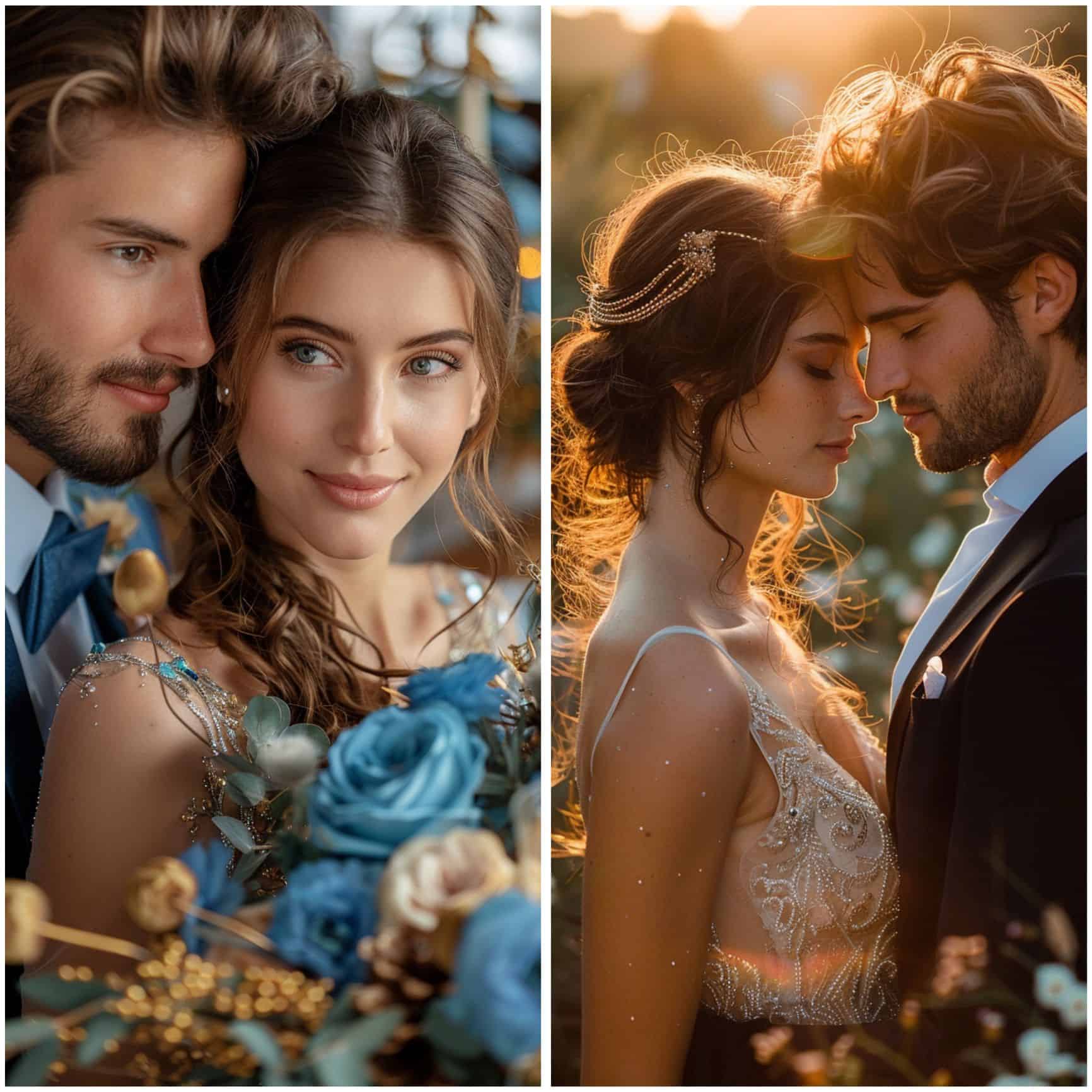 blue and gold-themed wedding photography