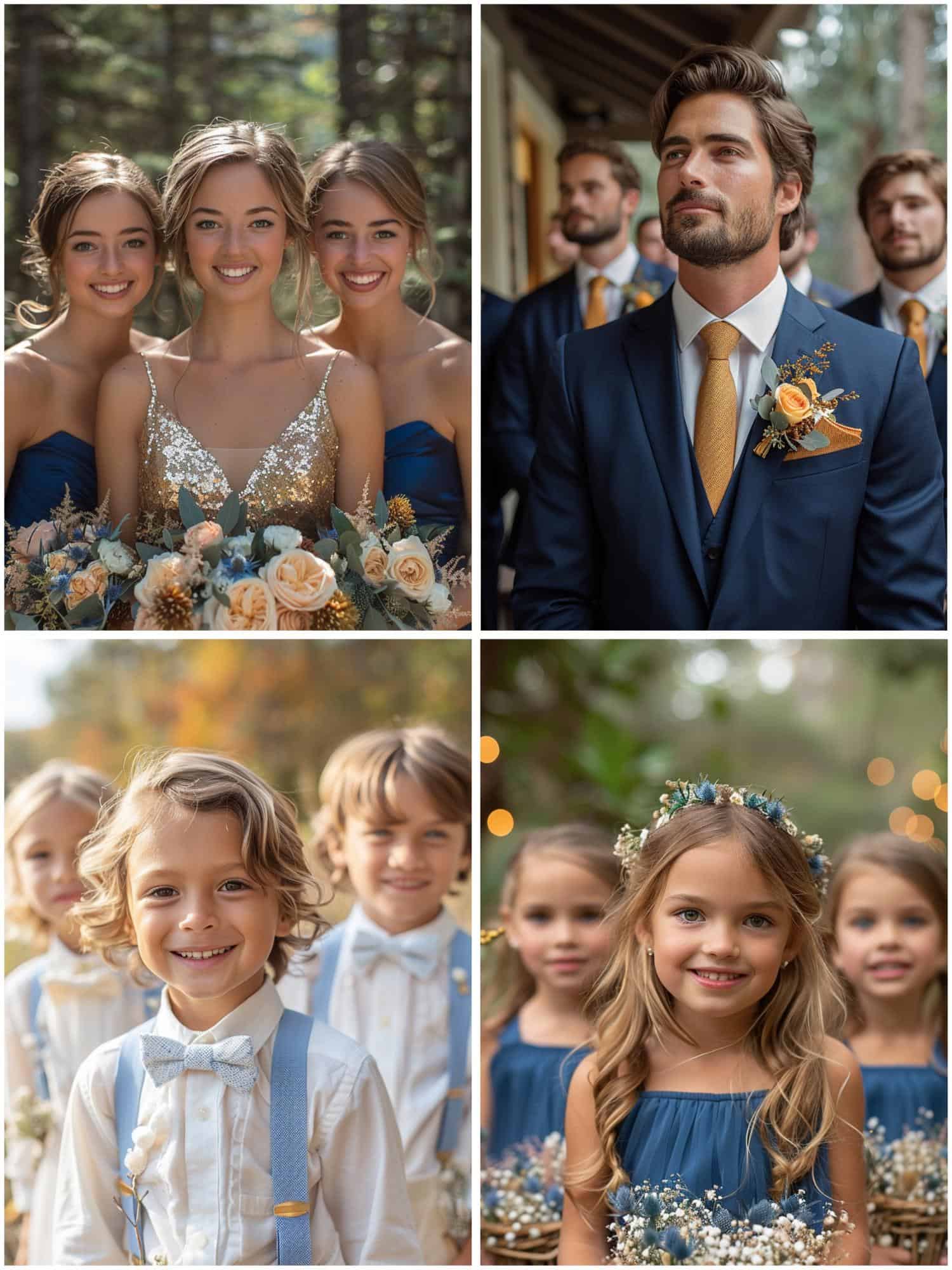 blue and gold wedding party attire