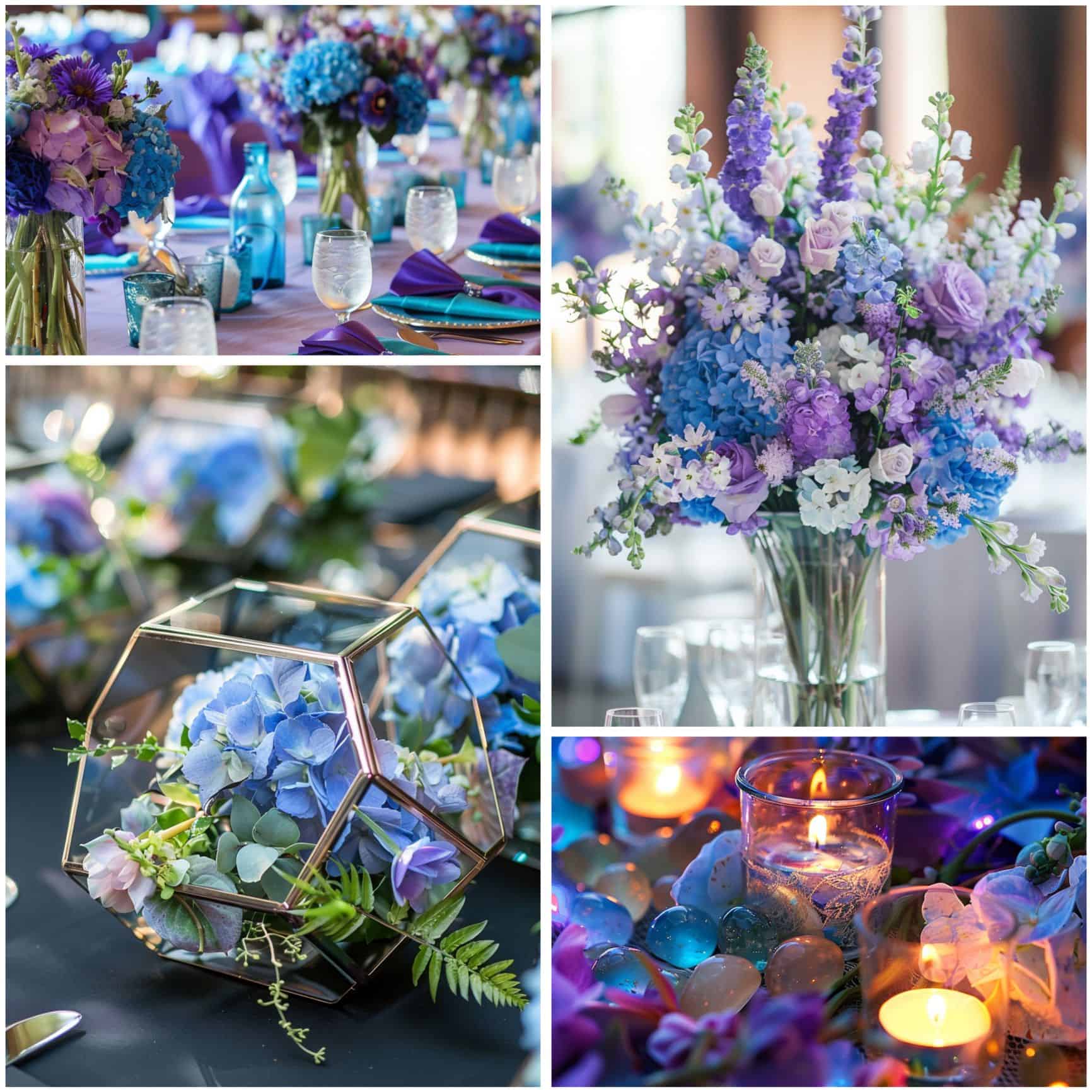 blue and purple wedding flowers and centerpieces