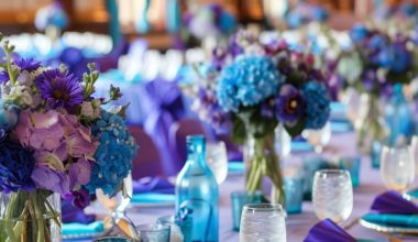 blue and purple wedding reception tablescape