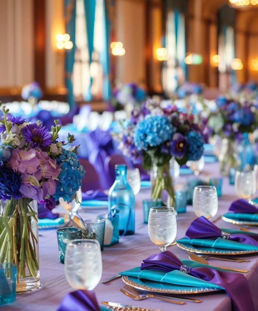 blue and purple wedding reception tablescape