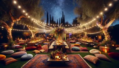 bohemian-themed wedding reception with various seating options