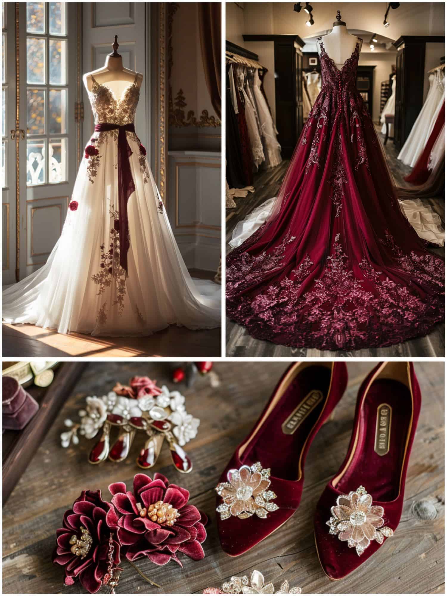 bridal attire and accessories in burgundy