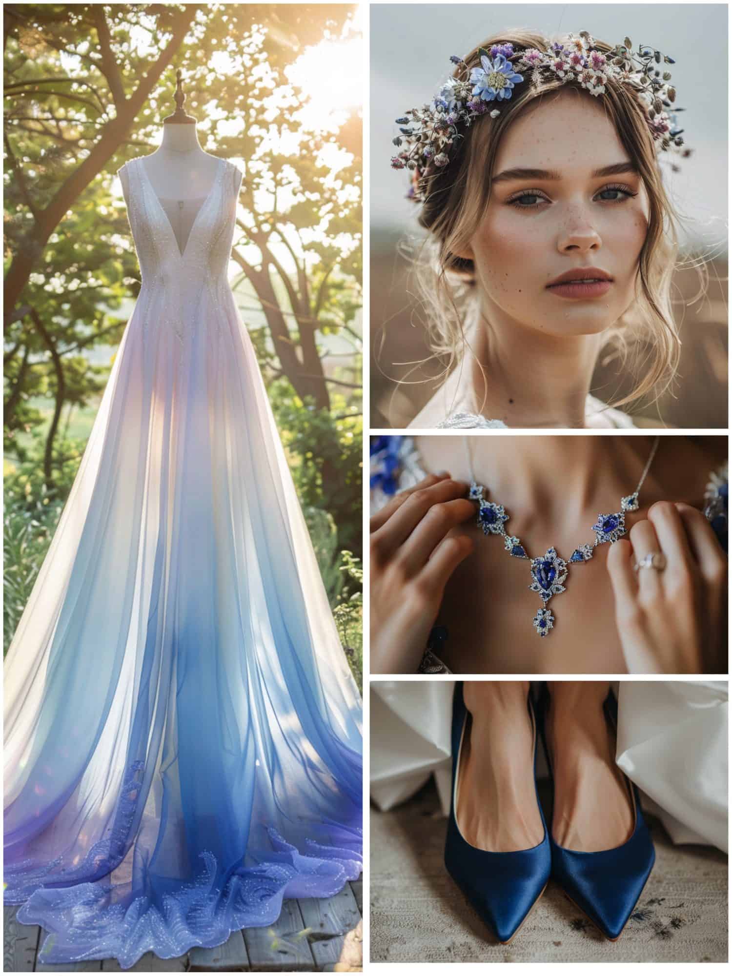 bridal attire in blue and purple