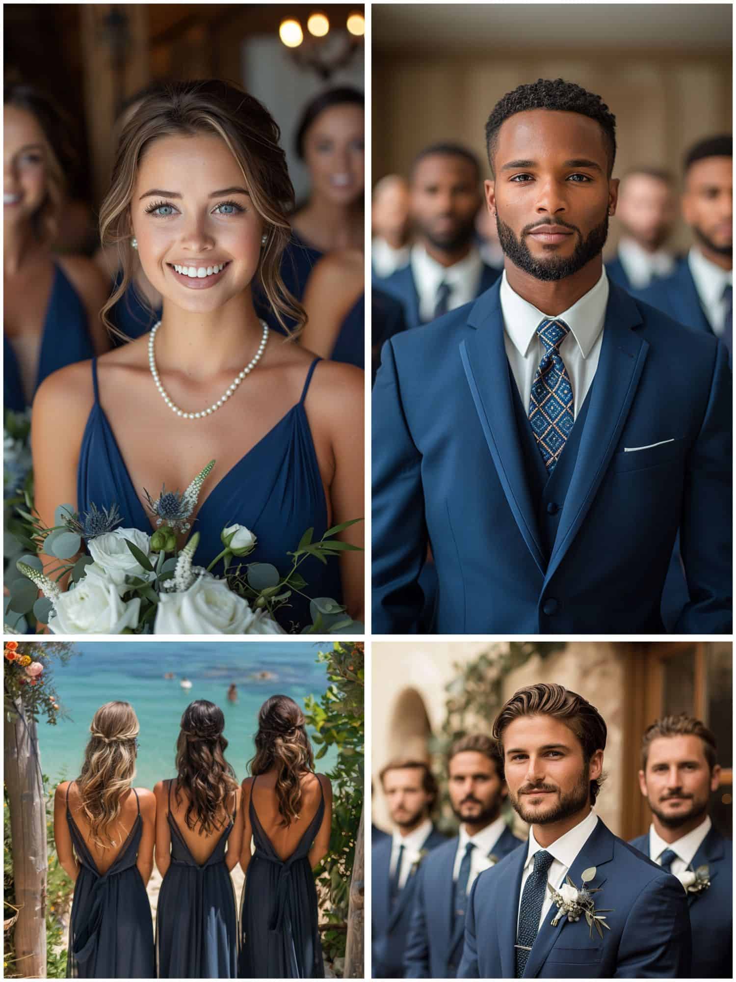 bridesmaids and groomsmen in navy blue attire