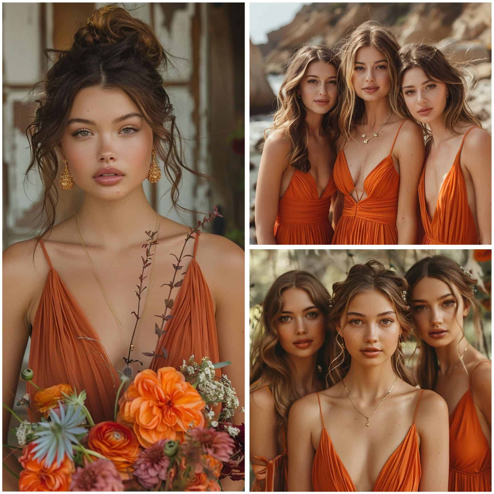 bridesmaids wearing burnt orange dresses