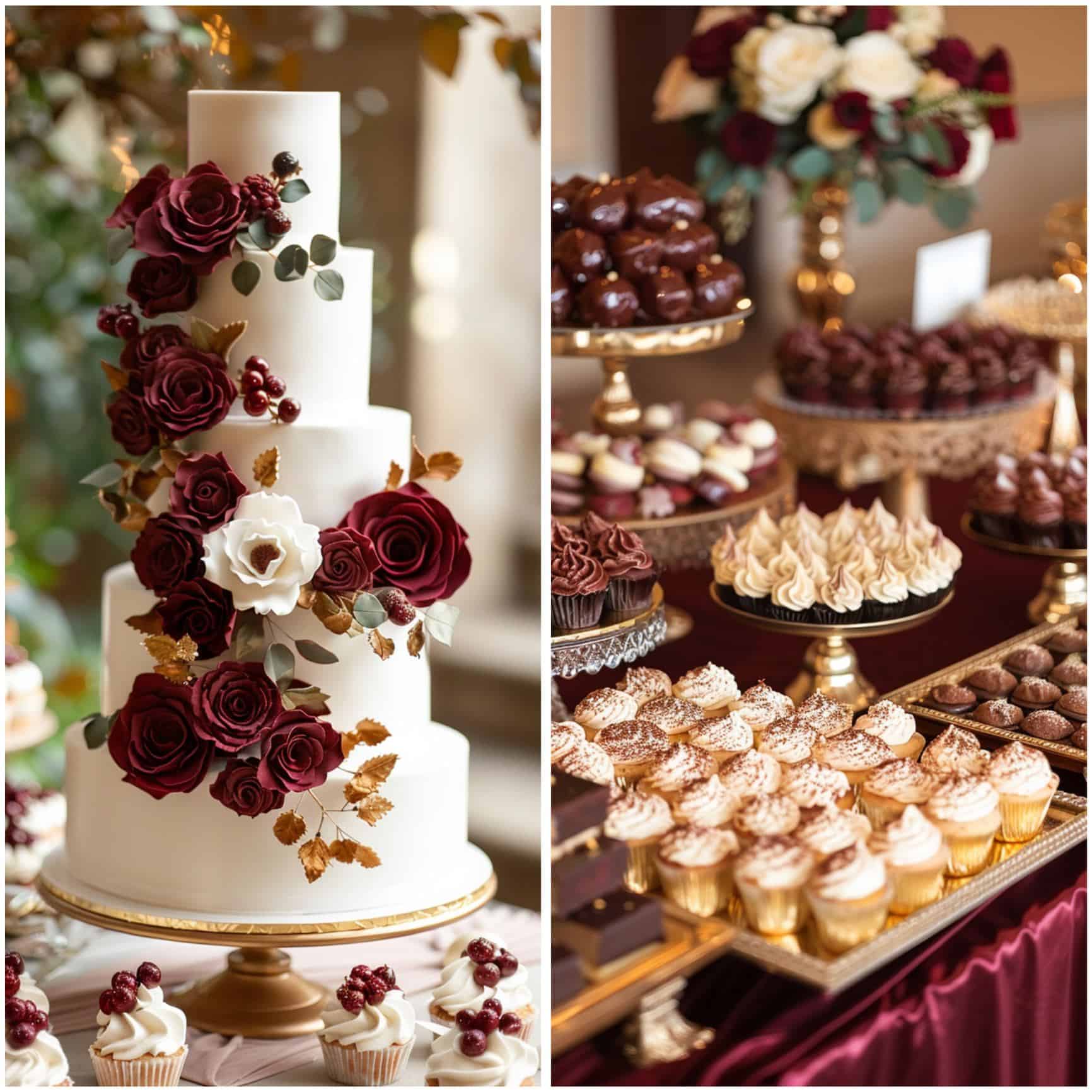 cake and dessert table in burgundy