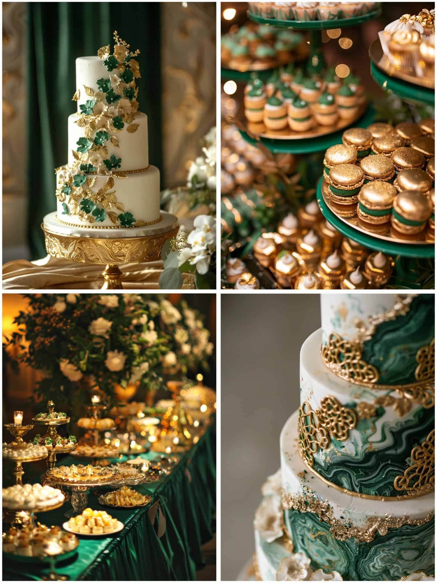 cakes and desserts for an emerald green and gold wedding