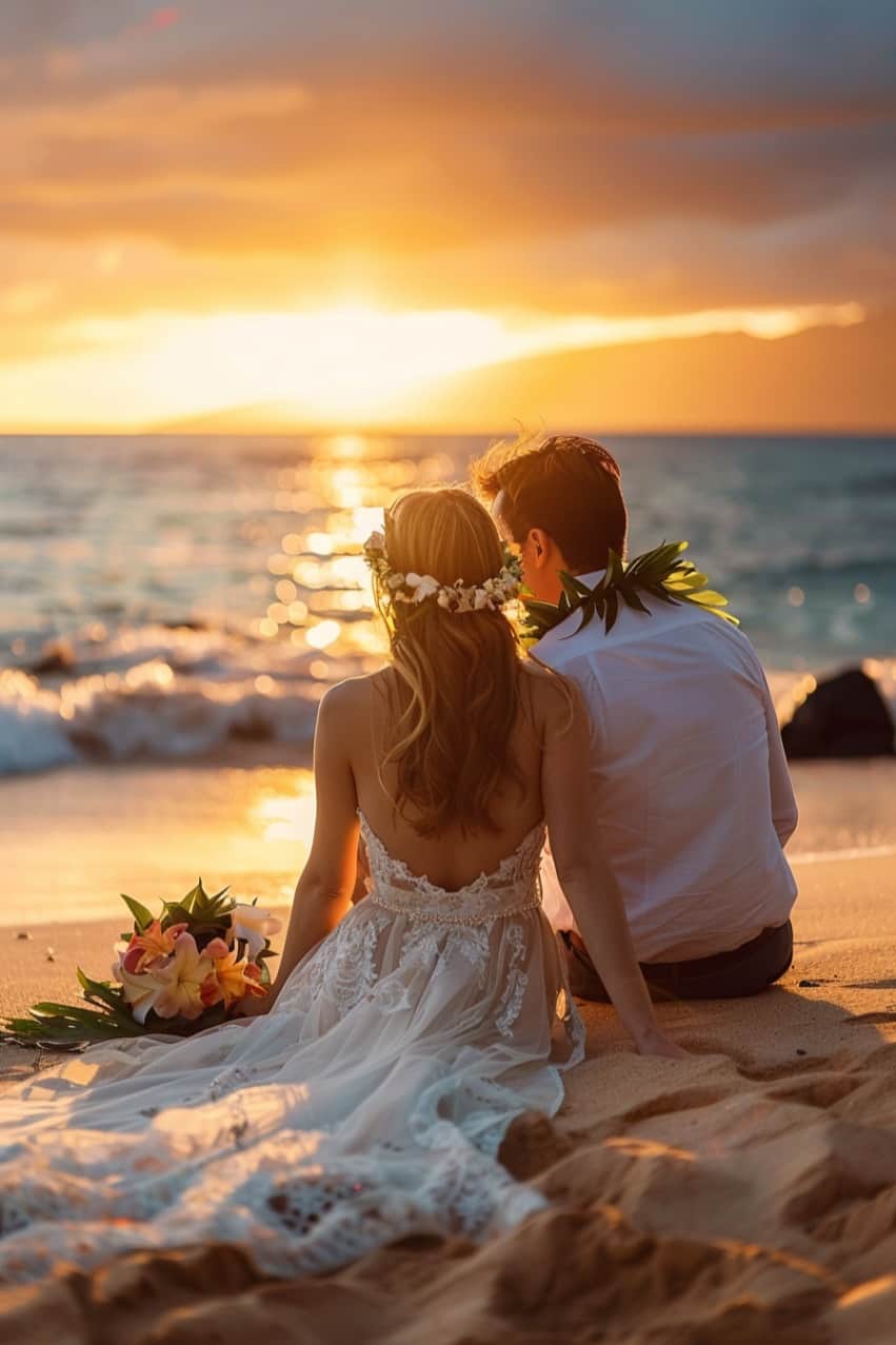 couple sitting in the beach looking at the sunset