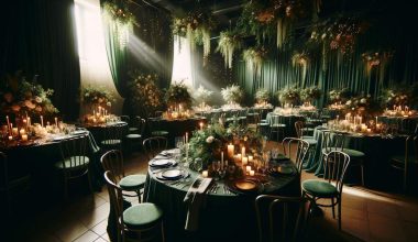 intimate indoor wedding reception with sunkissed dark green theme